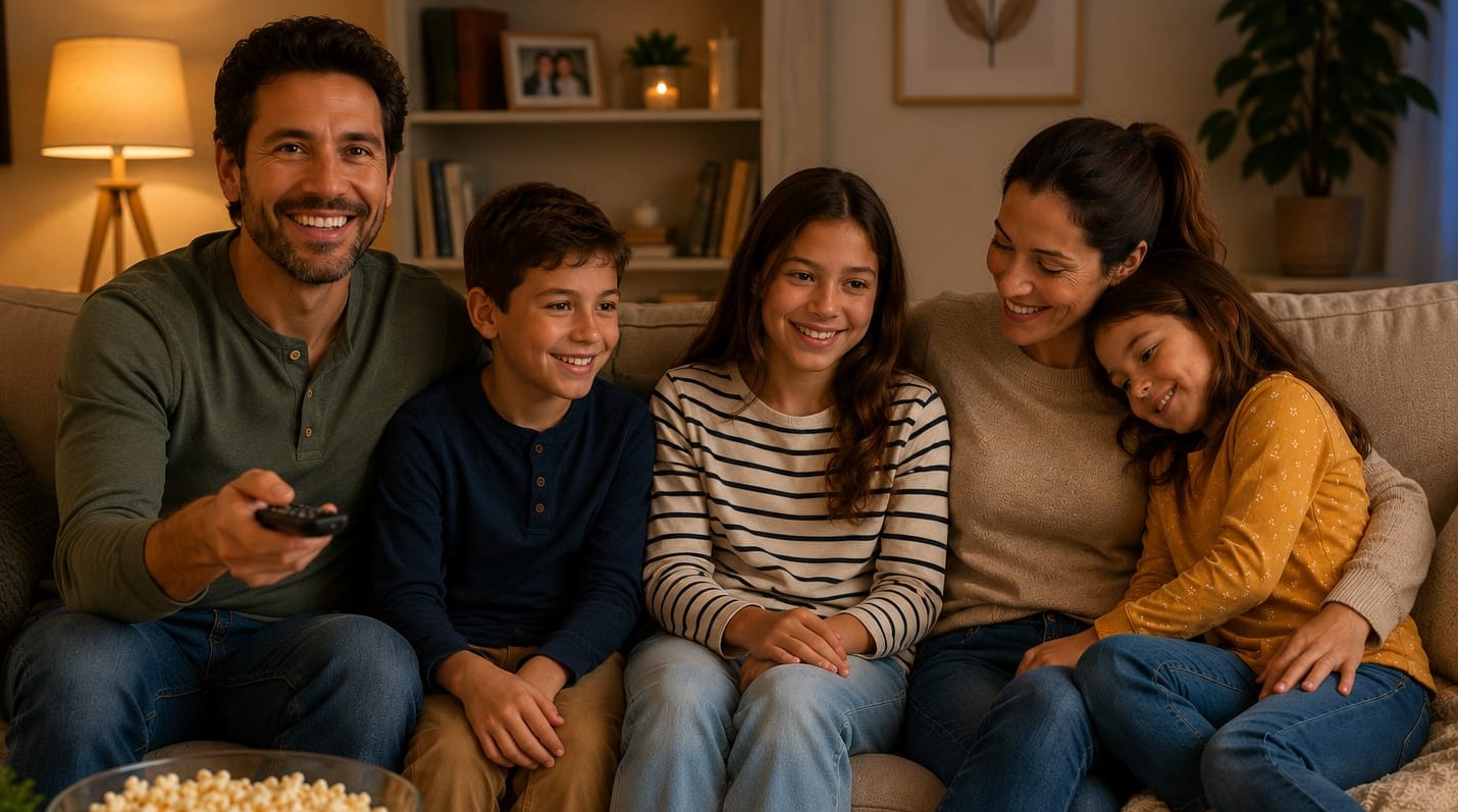 Familia disfrutando contenido juntos